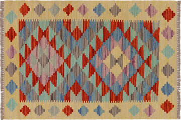 Flat Weave Kilim, Antique, Navaho, Vintage, Handmade, Geometric Kilim Gold Rust Hand-Woven Rectangle 100% Wool Area Rug 2 x 3